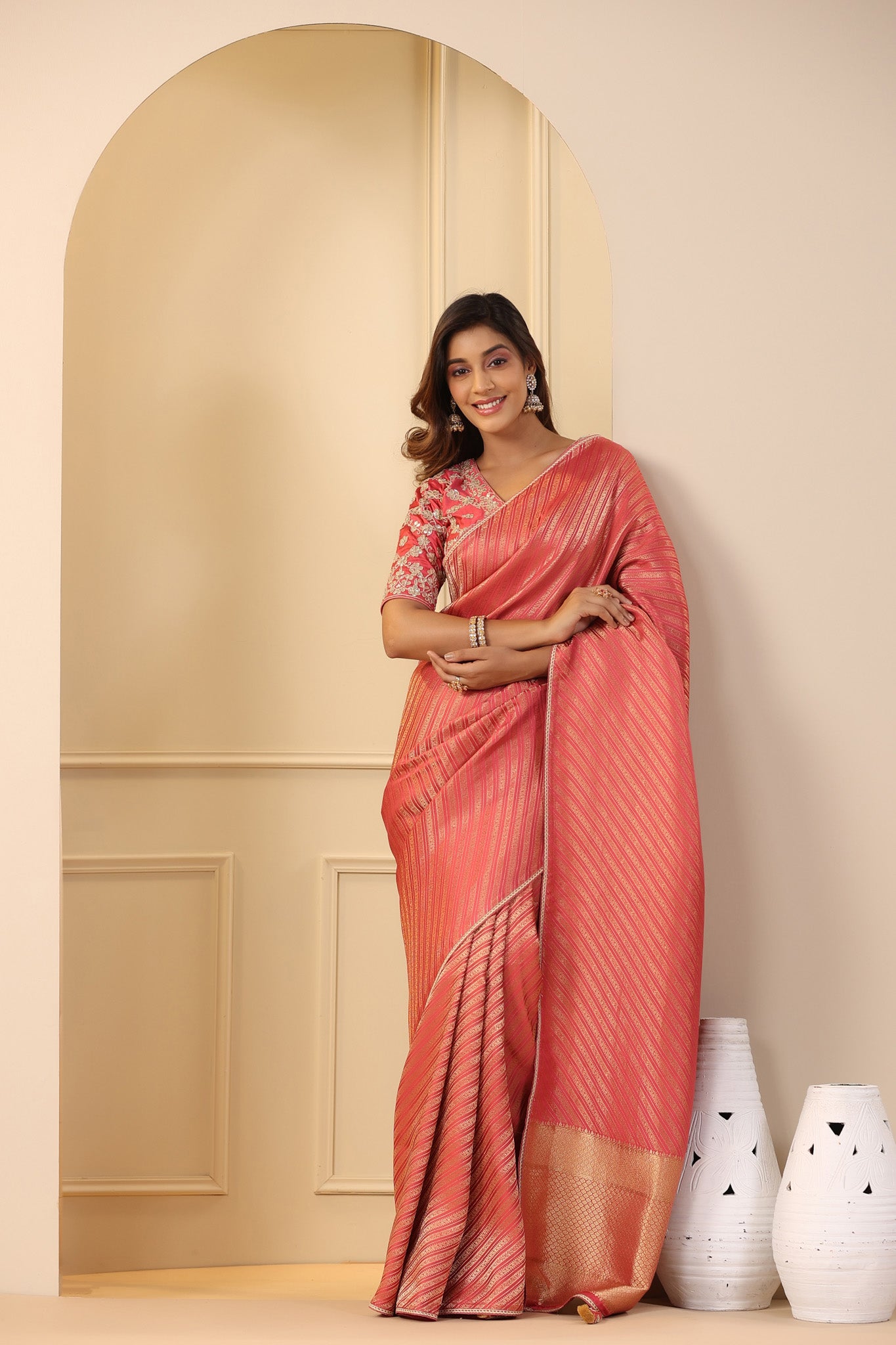 Buy beautiful pink silk sari online in USA with embroidered sari blouse. Make a fashion statement on festive occasions and weddings with designer suits, Indian dresses, Anarkali suits, palazzo suits, designer sarees, sharara suits, Bollywood saris from Pure Elegance Indian fashion store in USA.-full view