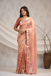Shop light pink silk organza sari online in USA with red saree blouse. Make a fashion statement on festive occasions and weddings with designer suits, Indian dresses, Anarkali suits, palazzo suits, designer sarees, sharara suits, Bollywood saris from Pure Elegance Indian fashion store in USA.-full view