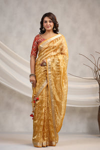 Buy yellow silk organza sari online in USA with red saree blouse. Make a fashion statement on festive occasions and weddings with designer suits, Indian dresses, Anarkali suits, palazzo suits, designer sarees, sharara suits, Bollywood saris from Pure Elegance Indian fashion store in USA.-full view