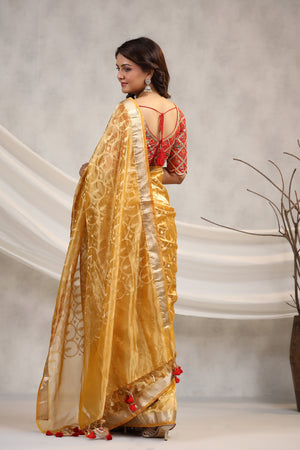 Buy yellow silk organza sari online in USA with red saree blouse. Make a fashion statement on festive occasions and weddings with designer suits, Indian dresses, Anarkali suits, palazzo suits, designer sarees, sharara suits, Bollywood saris from Pure Elegance Indian fashion store in USA.-back