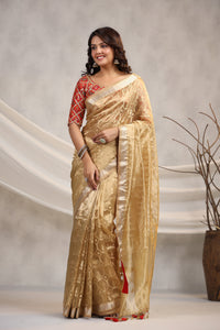 Shop golden silk organza sari online in USA with red saree blouse. Make a fashion statement on festive occasions and weddings with designer suits, Indian dresses, Anarkali suits, palazzo suits, designer sarees, sharara suits, Bollywood saris from Pure Elegance Indian fashion store in USA.-full view