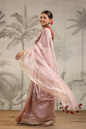 Buy powder pink tissue silk sari online in USA with embroidered blouse. Make a fashion statement on festive occasions and weddings with designer suits, Indian dresses, Anarkali suits, palazzo suits, designer sarees, sharara suits, Bollywood saris from Pure Elegance Indian fashion store in USA.-saree
