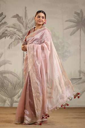 Buy powder pink tissue silk sari online in USA with embroidered blouse. Make a fashion statement on festive occasions and weddings with designer suits, Indian dresses, Anarkali suits, palazzo suits, designer sarees, sharara suits, Bollywood saris from Pure Elegance Indian fashion store in USA.-pallu