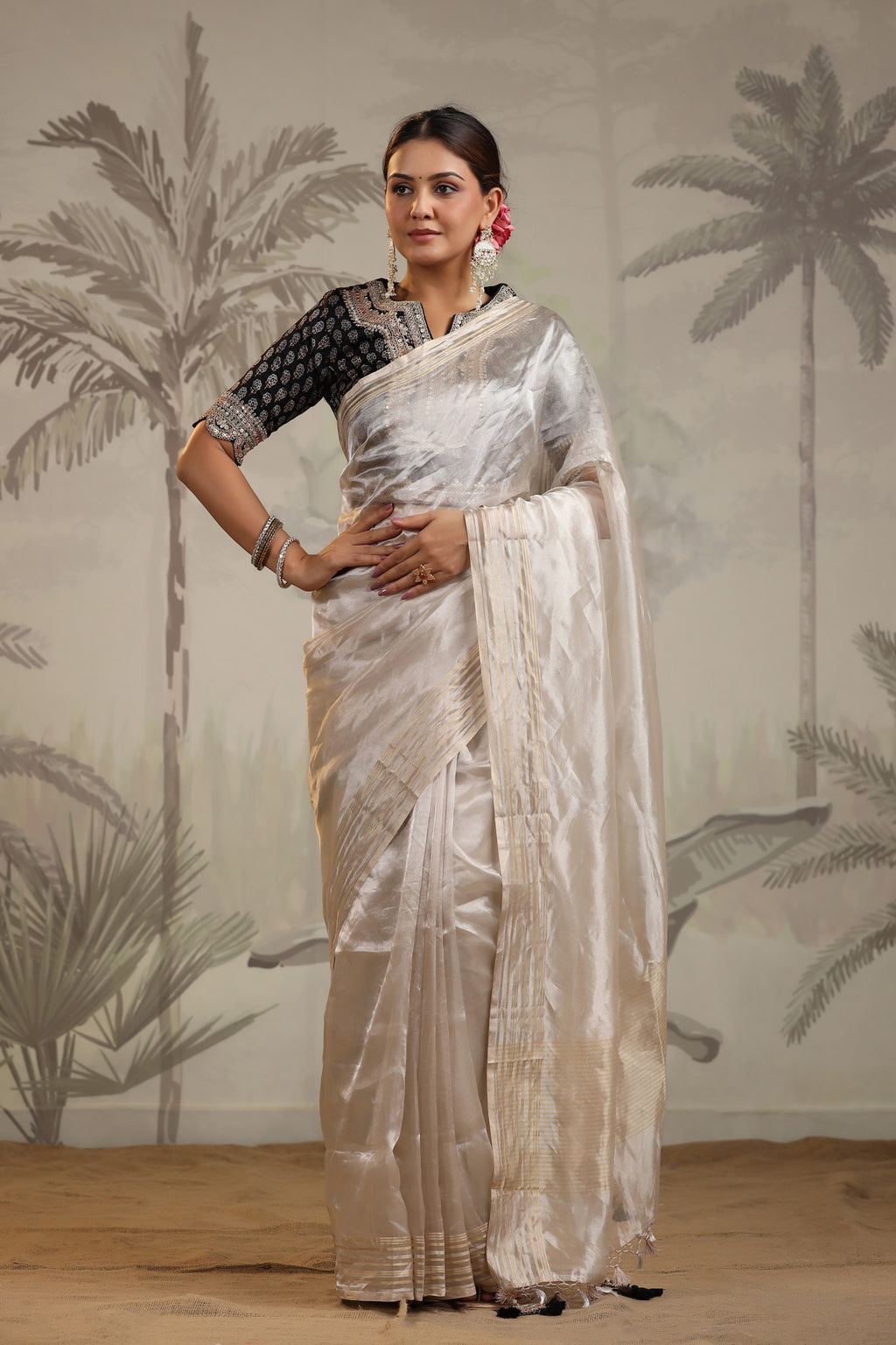 Buy silver tissue silk sari online in USA with embroidered blouse. Make a fashion statement on festive occasions and weddings with designer suits, Indian dresses, Anarkali suits, palazzo suits, designer sarees, sharara suits, Bollywood saris from Pure Elegance Indian fashion store in USA.-front