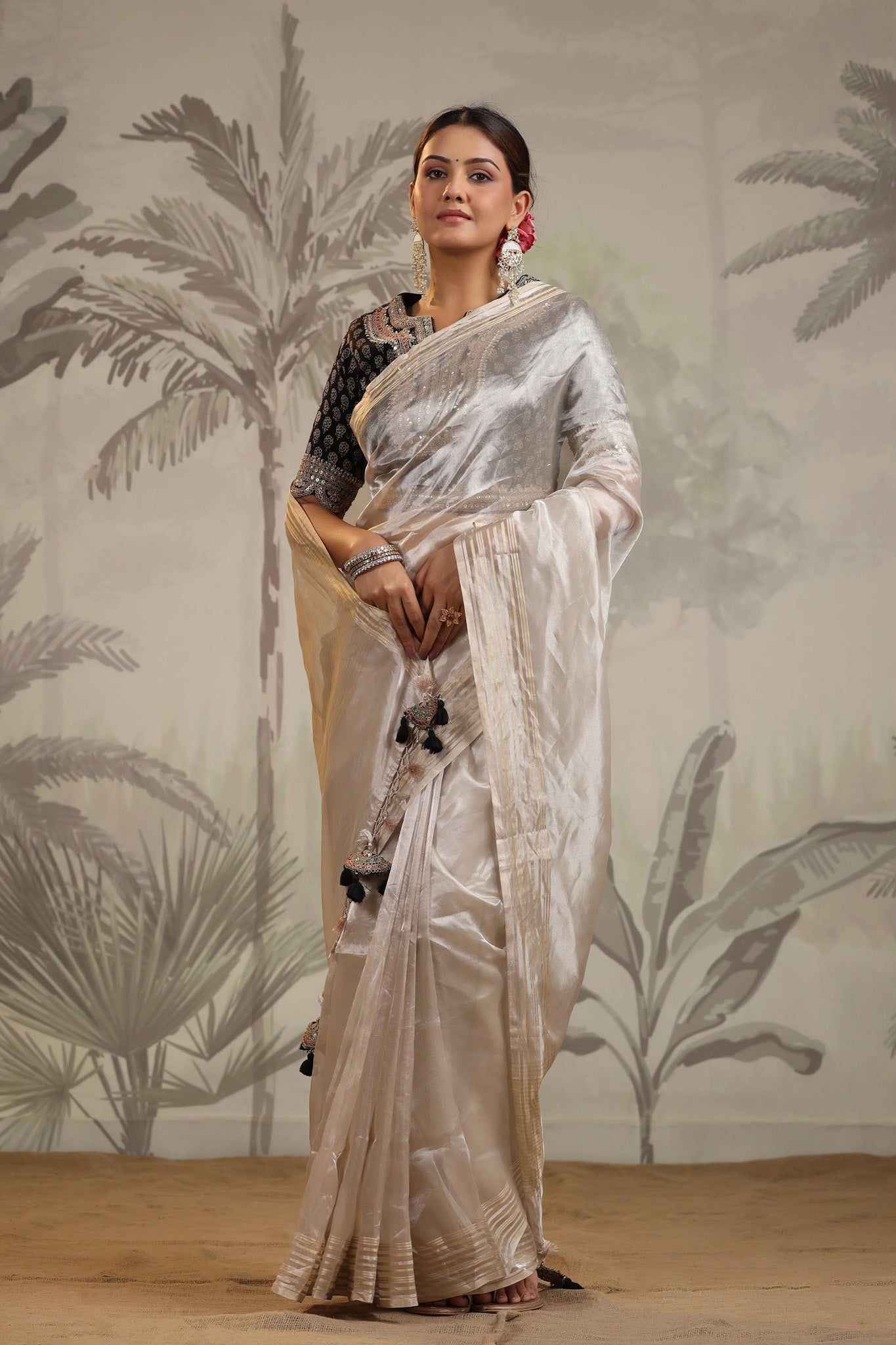 Buy silver tissue silk sari online in USA with embroidered blouse. Make a fashion statement on festive occasions and weddings with designer suits, Indian dresses, Anarkali suits, palazzo suits, designer sarees, sharara suits, Bollywood saris from Pure Elegance Indian fashion store in USA.-saree