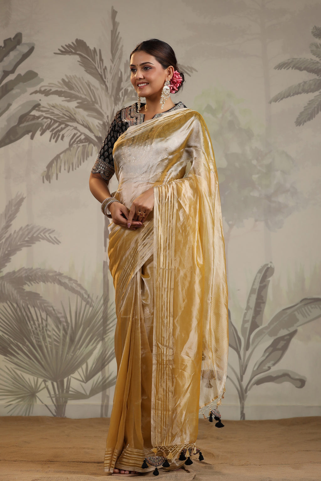 Shop yellow tissue silk sari online in USA with embroidered blouse. Make a fashion statement on festive occasions and weddings with designer suits, Indian dresses, Anarkali suits, palazzo suits, designer sarees, sharara suits, Bollywood saris from Pure Elegance Indian fashion store in USA.-full view