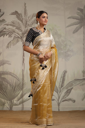 Shop yellow tissue silk sari online in USA with embroidered blouse. Make a fashion statement on festive occasions and weddings with designer suits, Indian dresses, Anarkali suits, palazzo suits, designer sarees, sharara suits, Bollywood saris from Pure Elegance Indian fashion store in USA.-side