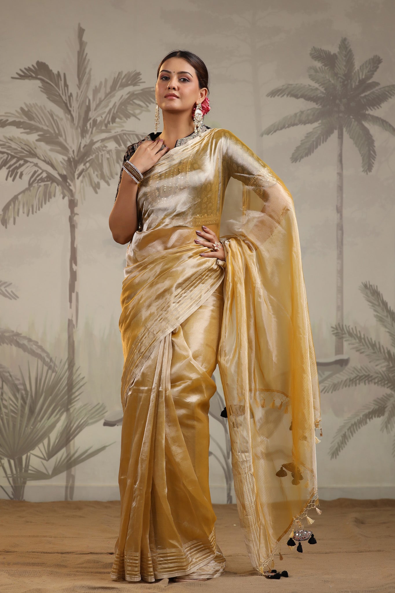 Shop yellow tissue silk sari online in USA with embroidered blouse. Make a fashion statement on festive occasions and weddings with designer suits, Indian dresses, Anarkali suits, palazzo suits, designer sarees, sharara suits, Bollywood saris from Pure Elegance Indian fashion store in USA.-saree