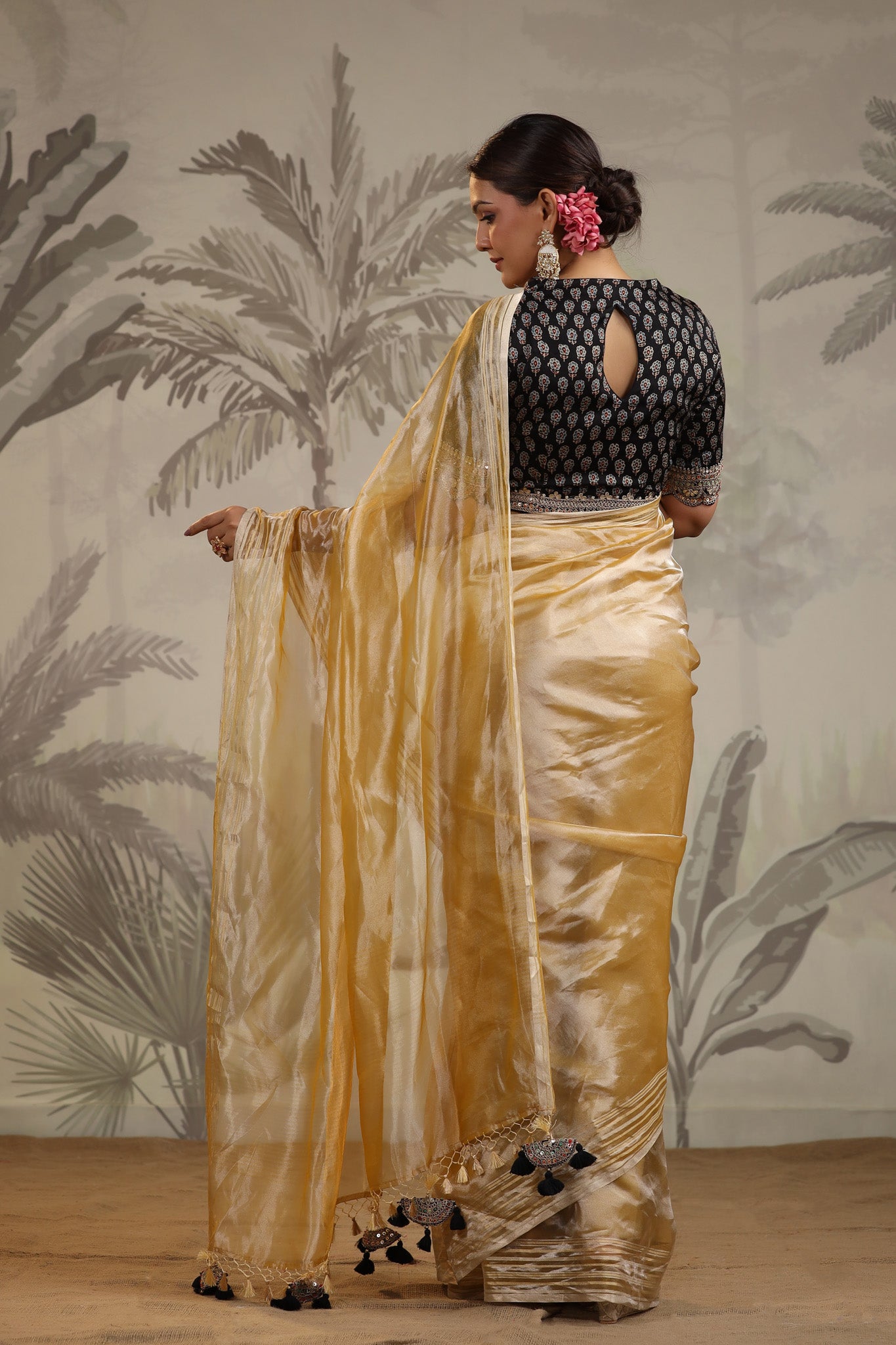 Shop yellow tissue silk sari online in USA with embroidered blouse. Make a fashion statement on festive occasions and weddings with designer suits, Indian dresses, Anarkali suits, palazzo suits, designer sarees, sharara suits, Bollywood saris from Pure Elegance Indian fashion store in USA.-back