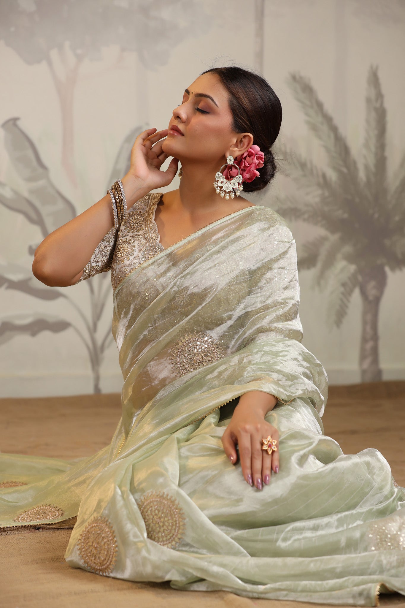 Shop pista green tissue silk sari online in USA with embroidered blouse. Make a fashion statement on festive occasions and weddings with designer suits, Indian dresses, Anarkali suits, palazzo suits, designer sarees, sharara suits, Bollywood saris from Pure Elegance Indian fashion store in USA.-saree