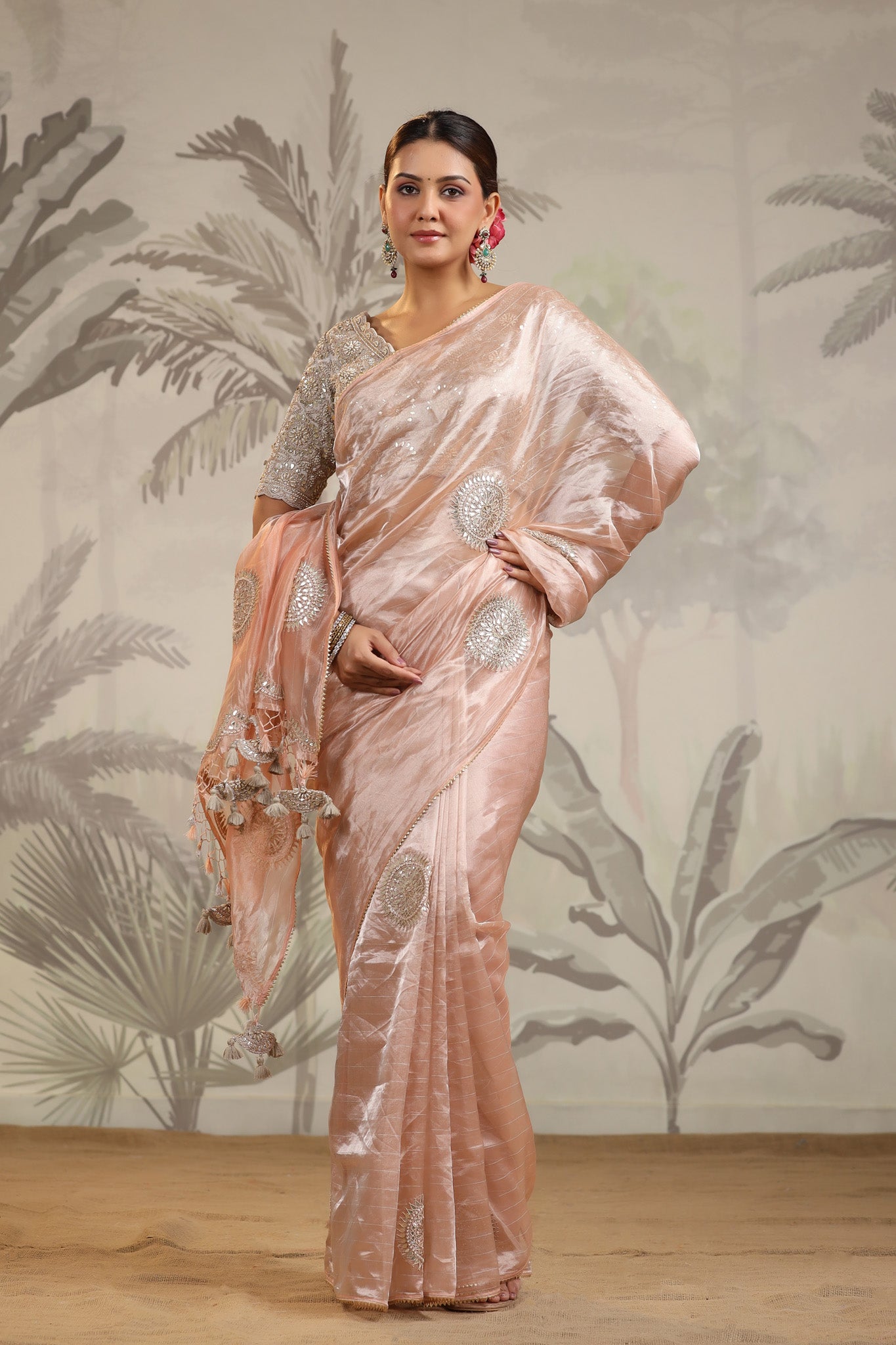 Buy champagne tissue silk sari online in USA with embroidered blouse. Make a fashion statement on festive occasions and weddings with designer suits, Indian dresses, Anarkali suits, palazzo suits, designer sarees, sharara suits, Bollywood saris from Pure Elegance Indian fashion store in USA.-front