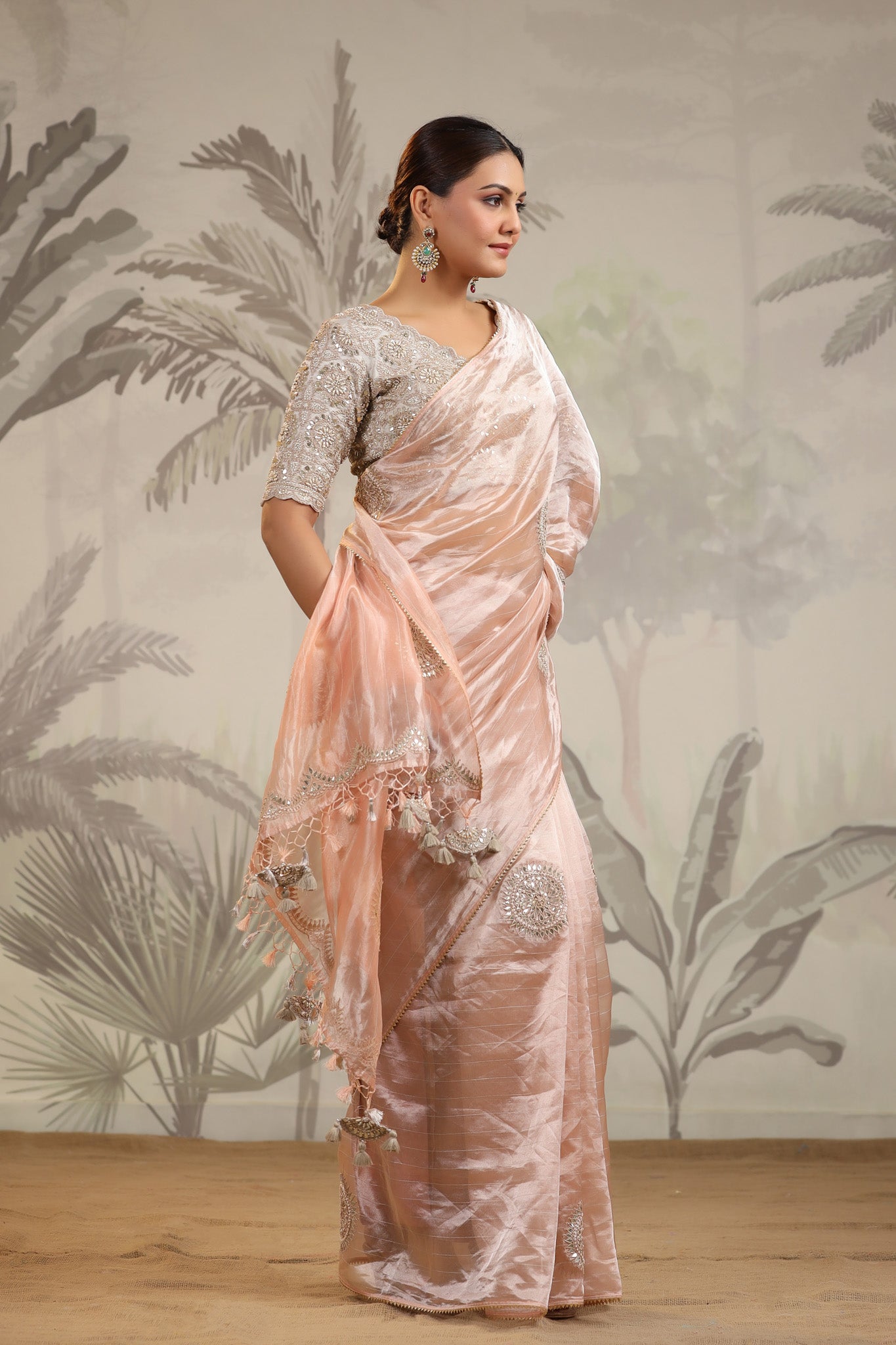 Buy champagne tissue silk sari online in USA with embroidered blouse. Make a fashion statement on festive occasions and weddings with designer suits, Indian dresses, Anarkali suits, palazzo suits, designer sarees, sharara suits, Bollywood saris from Pure Elegance Indian fashion store in USA.-saree