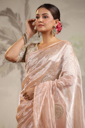 Buy champagne tissue silk sari online in USA with embroidered blouse. Make a fashion statement on festive occasions and weddings with designer suits, Indian dresses, Anarkali suits, palazzo suits, designer sarees, sharara suits, Bollywood saris from Pure Elegance Indian fashion store in USA.-closeup