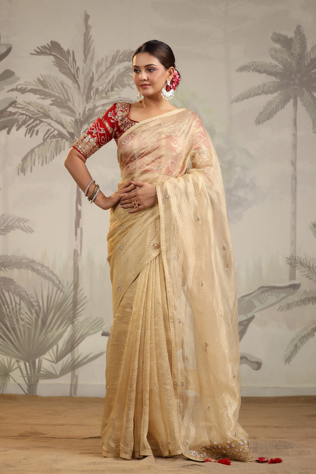 Shop golden tissue silk sari online in USA with red embroidered blouse. Make a fashion statement on festive occasions and weddings with designer suits, Indian dresses, Anarkali suits, palazzo suits, designer sarees, sharara suits, Bollywood saris from Pure Elegance Indian fashion store in USA.-full view