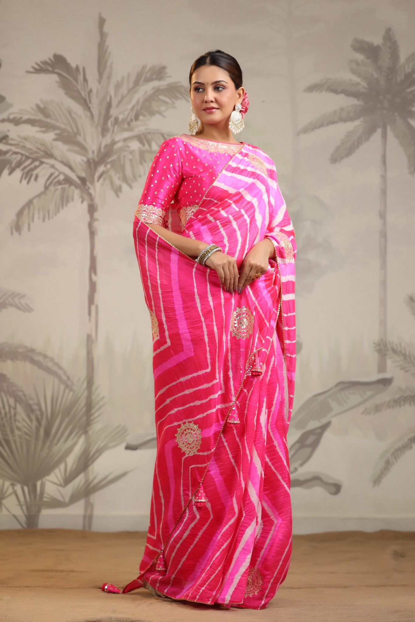 Buy stunning pink leheriya embroidered tussar silk sari online in USA with pink designer blouse. Make a fashion statement on festive occasions and weddings with designer suits, Indian dresses, Anarkali suits, palazzo suits, designer sarees, sharara suits, Bollywood saris from Pure Elegance Indian fashion store in USA.-full view
