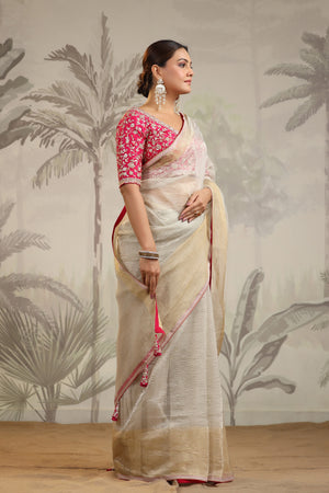 Buy beautiful cream tissue organza sari online in USA with pink embroidered designer blouse. Make a fashion statement on festive occasions and weddings with designer suits, Indian dresses, Anarkali suits, palazzo suits, designer sarees, sharara suits, Bollywood saris from Pure Elegance Indian fashion store in USA.-side