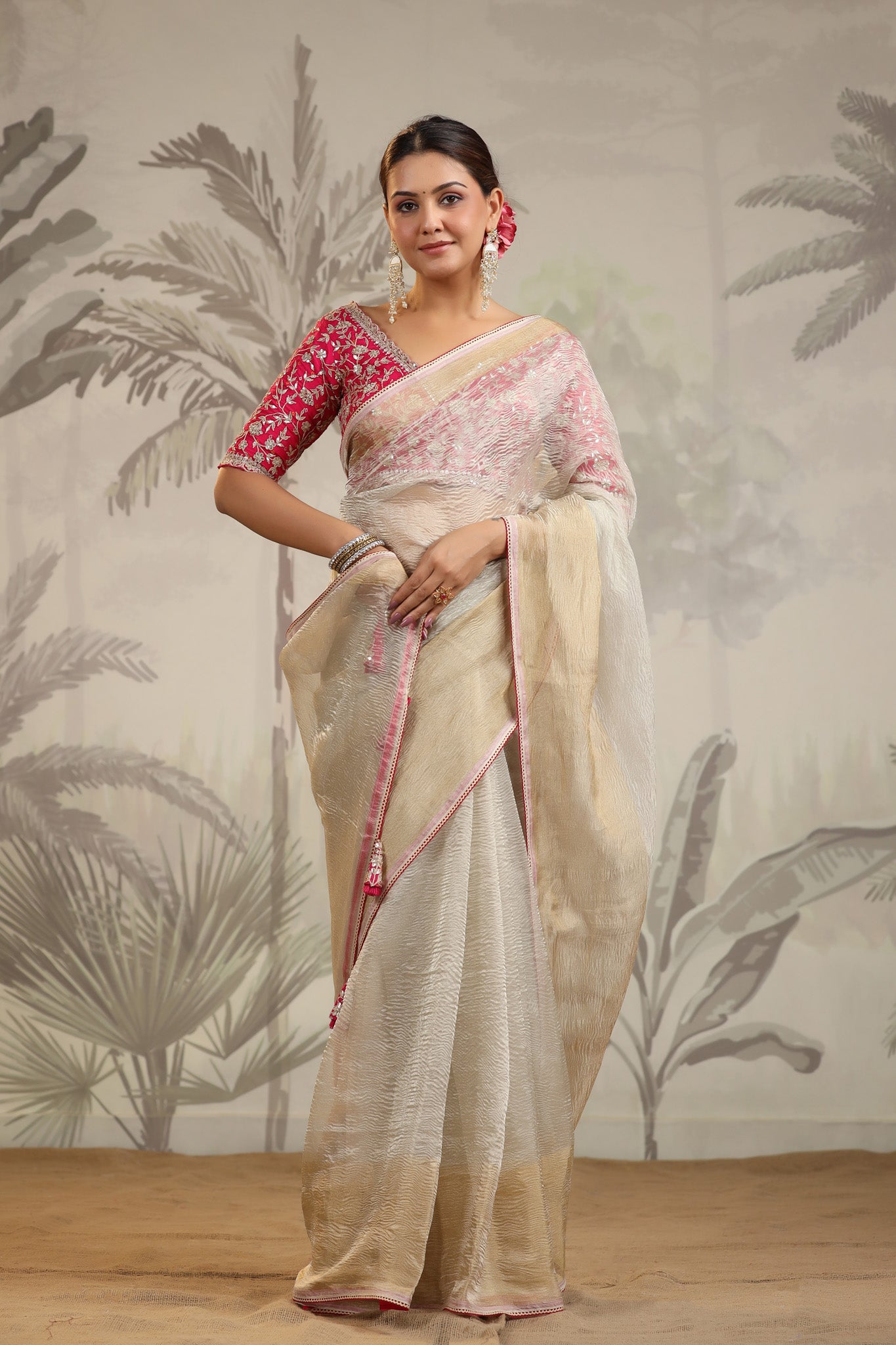Buy beautiful cream tissue organza sari online in USA with pink embroidered designer blouse. Make a fashion statement on festive occasions and weddings with designer suits, Indian dresses, Anarkali suits, palazzo suits, designer sarees, sharara suits, Bollywood saris from Pure Elegance Indian fashion store in USA.-full view