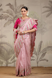 Shop light pink heavy embroidery silk sari online in USA with pink designer blouse. Make a fashion statement on festive occasions and weddings with designer suits, Indian dresses, Anarkali suits, palazzo suits, designer sarees, sharara suits, Bollywood saris from Pure Elegance Indian fashion store in USA.-full view