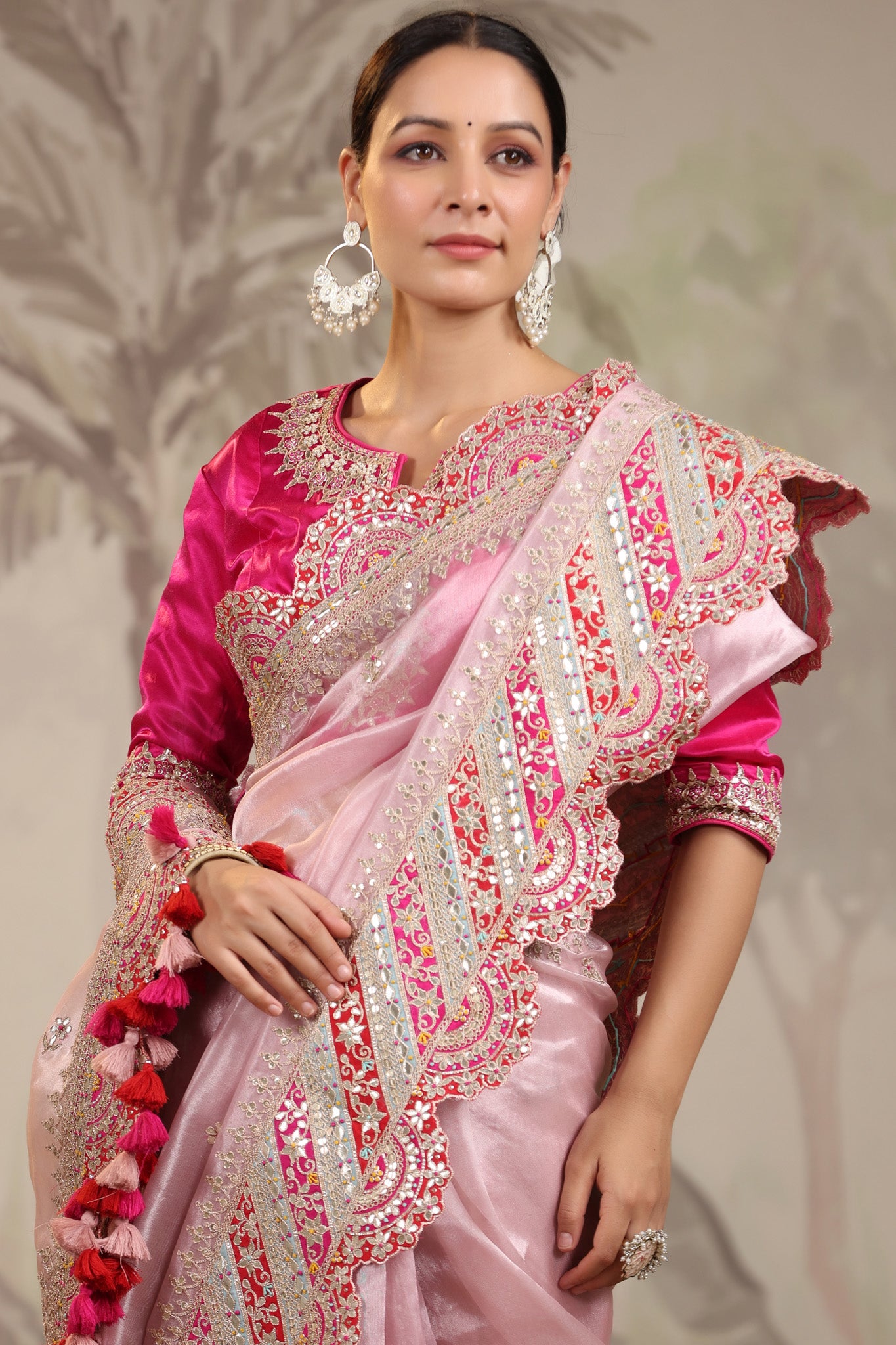 Shop light pink heavy embroidery silk sari online in USA with pink designer blouse. Make a fashion statement on festive occasions and weddings with designer suits, Indian dresses, Anarkali suits, palazzo suits, designer sarees, sharara suits, Bollywood saris from Pure Elegance Indian fashion store in USA.-closeup