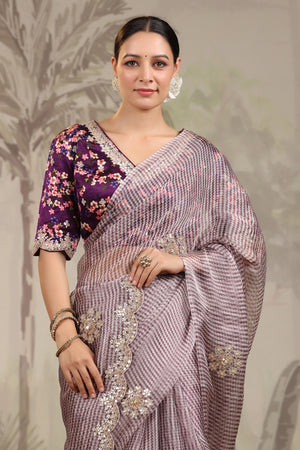 Buy purple embroidered organza silk sari online in USA with designer blouse. Make a fashion statement on festive occasions and weddings with designer suits, Indian dresses, Anarkali suits, palazzo suits, designer sarees, sharara suits, Bollywood saris from Pure Elegance Indian fashion store in USA.-closeup