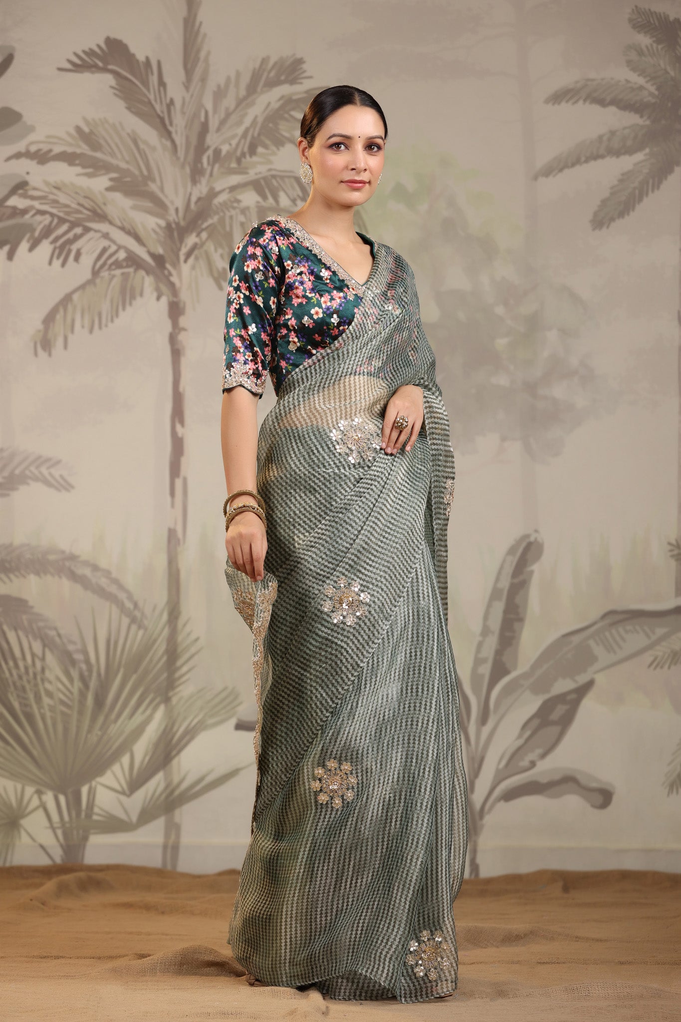 Shop beautiful light grey embroidered organza silk sari online in USA with designer blouse. Make a fashion statement on festive occasions and weddings with designer suits, Indian dresses, Anarkali suits, palazzo suits, designer sarees, sharara suits, Bollywood saris from Pure Elegance Indian fashion store in USA.-saree