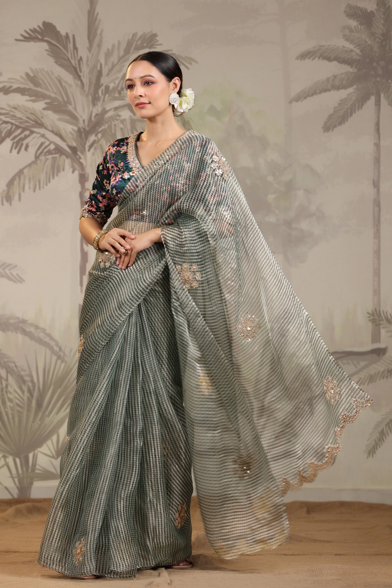 Shop beautiful light grey embroidered organza silk sari online in USA with designer blouse. Make a fashion statement on festive occasions and weddings with designer suits, Indian dresses, Anarkali suits, palazzo suits, designer sarees, sharara suits, Bollywood saris from Pure Elegance Indian fashion store in USA.-full view