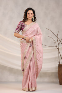 Shop powder pink embroidered silk saree online in USA with embroidered designer blouse. Make a fashion statement on festive occasions and weddings with designer suits, Indian dresses, Anarkali suits, palazzo suits, designer sarees, sharara suits, Bollywood saris from Pure Elegance Indian fashion store in USA.-full view
