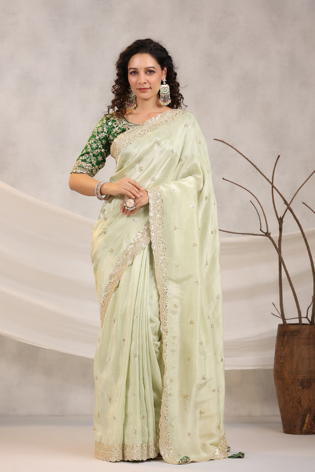 Shop beautiful pista green embroidered silk saree online in USA with embroidered designer blouse. Make a fashion statement on festive occasions and weddings with designer suits, Indian dresses, Anarkali suits, palazzo suits, designer sarees, sharara suits, Bollywood saris from Pure Elegance Indian fashion store in USA.-full view