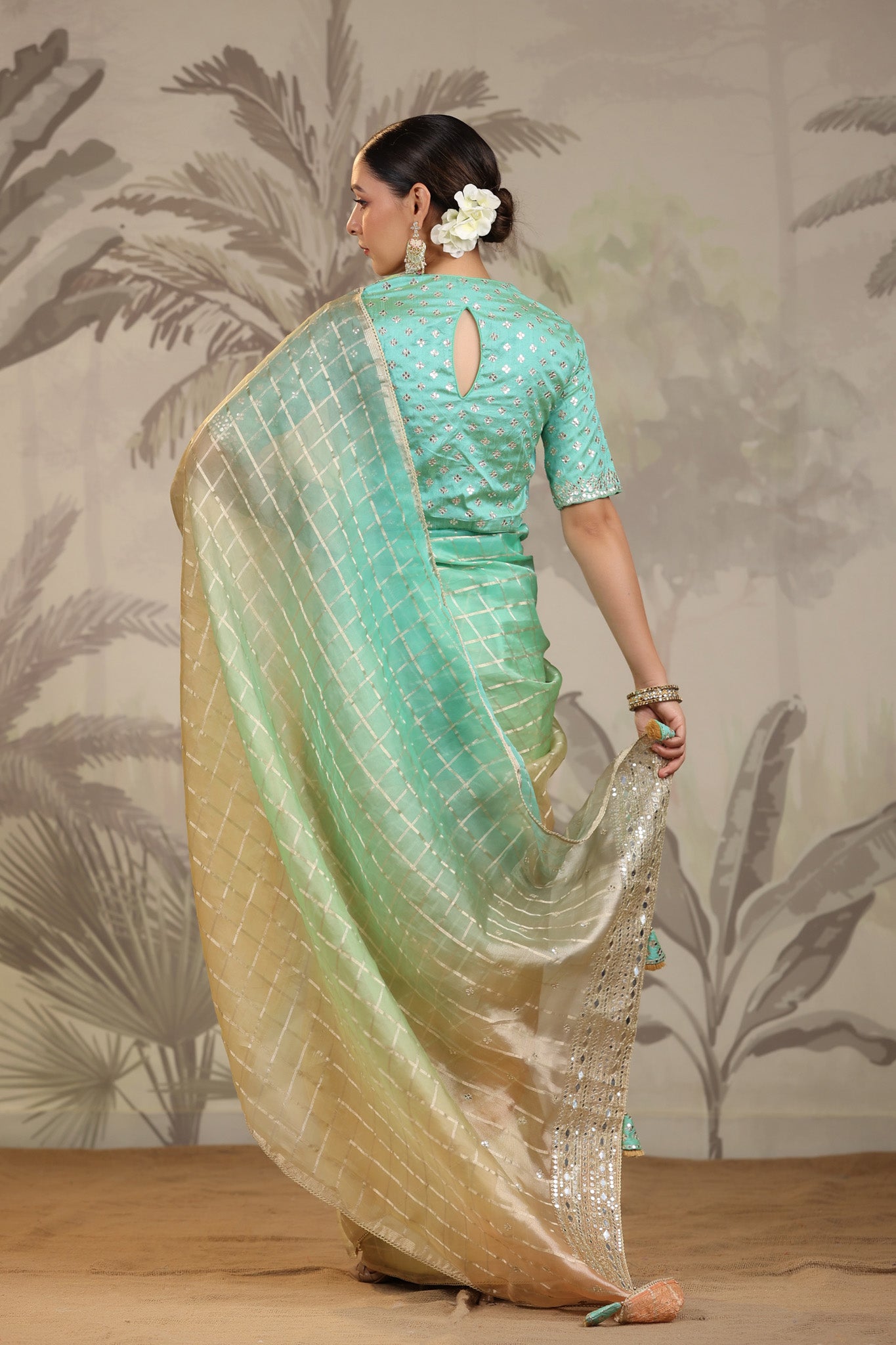 Buy peach and green embroidered tissue silk saree online in USA with embroidered blouse. Make a fashion statement on festive occasions and weddings with designer suits, Indian dresses, Anarkali suits, palazzo suits, designer sarees, sharara suits, Bollywood saris from Pure Elegance Indian fashion store in USA.-back