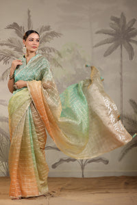 Buy peach and green embroidered tissue silk saree online in USA with embroidered blouse. Make a fashion statement on festive occasions and weddings with designer suits, Indian dresses, Anarkali suits, palazzo suits, designer sarees, sharara suits, Bollywood saris from Pure Elegance Indian fashion store in USA.-full view