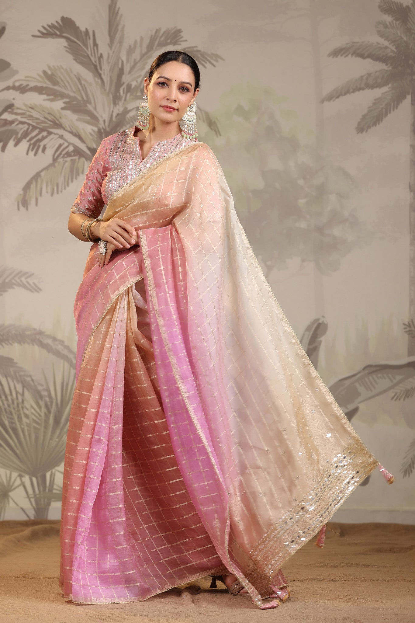 Shop stunning peach and pink embroidered tissue silk saree online in USA with embroidered blouse. Make a fashion statement on festive occasions and weddings with designer suits, Indian dresses, Anarkali suits, palazzo suits, designer sarees, sharara suits, Bollywood saris from Pure Elegance Indian fashion store in USA.-pallu
