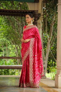  Buy pink embroidered Patola silk saree online in USA with saree blouse. Look classy at weddings and special occasions in exquisite designer sarees, embroidered sarees, party sarees, handwoven saris, pure silk sarees, Banarasi sarees, Kanjivaram sarees from Pure Elegance Indian saree store in USA.-full view