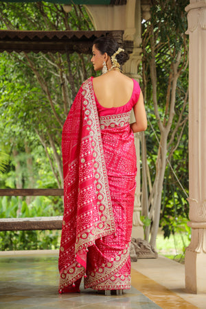 Buy pink embroidered Patola silk saree online in USA with saree blouse. Look classy at weddings and special occasions in exquisite designer sarees, embroidered sarees, party sarees, handwoven saris, pure silk sarees, Banarasi sarees, Kanjivaram sarees from Pure Elegance Indian saree store in USA.-back