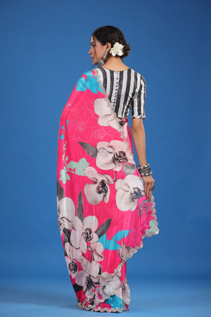 Shop pink floral crepe georgette sari online in USA with saree blouse. Look classy at weddings and special occasions in exquisite designer sarees, embroidered sarees, party sarees, handwoven saris, pure silk sarees, Banarasi sarees, Kanjivaram sarees from Pure Elegance Indian saree store in USA.-back