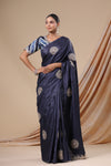 Shop beautiful navy blue embroidered tussar silk saree online in USA. Look classy at weddings and special occasions in exquisite designer sarees, embroidered sarees, party sarees, handwoven saris, pure silk sarees, Banarasi sarees, Kanjivaram sarees from Pure Elegance Indian saree store in USA.-full view
