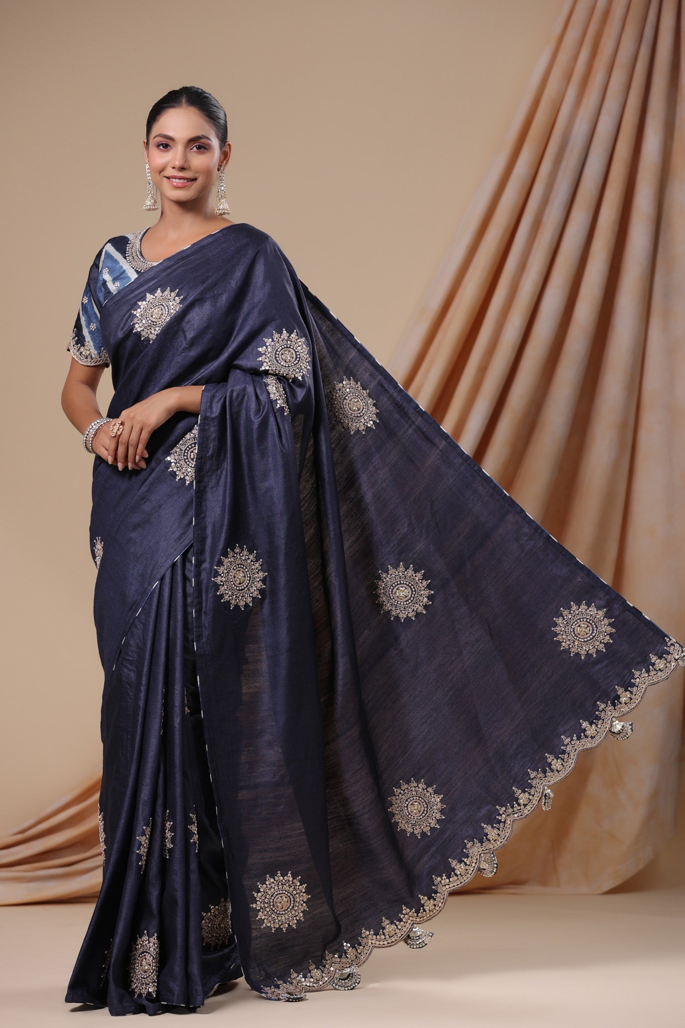 Shop beautiful navy blue embroidered tussar silk saree online in USA. Look classy at weddings and special occasions in exquisite designer sarees, embroidered sarees, party sarees, handwoven saris, pure silk sarees, Banarasi sarees, Kanjivaram sarees from Pure Elegance Indian saree store in USA.-pallu