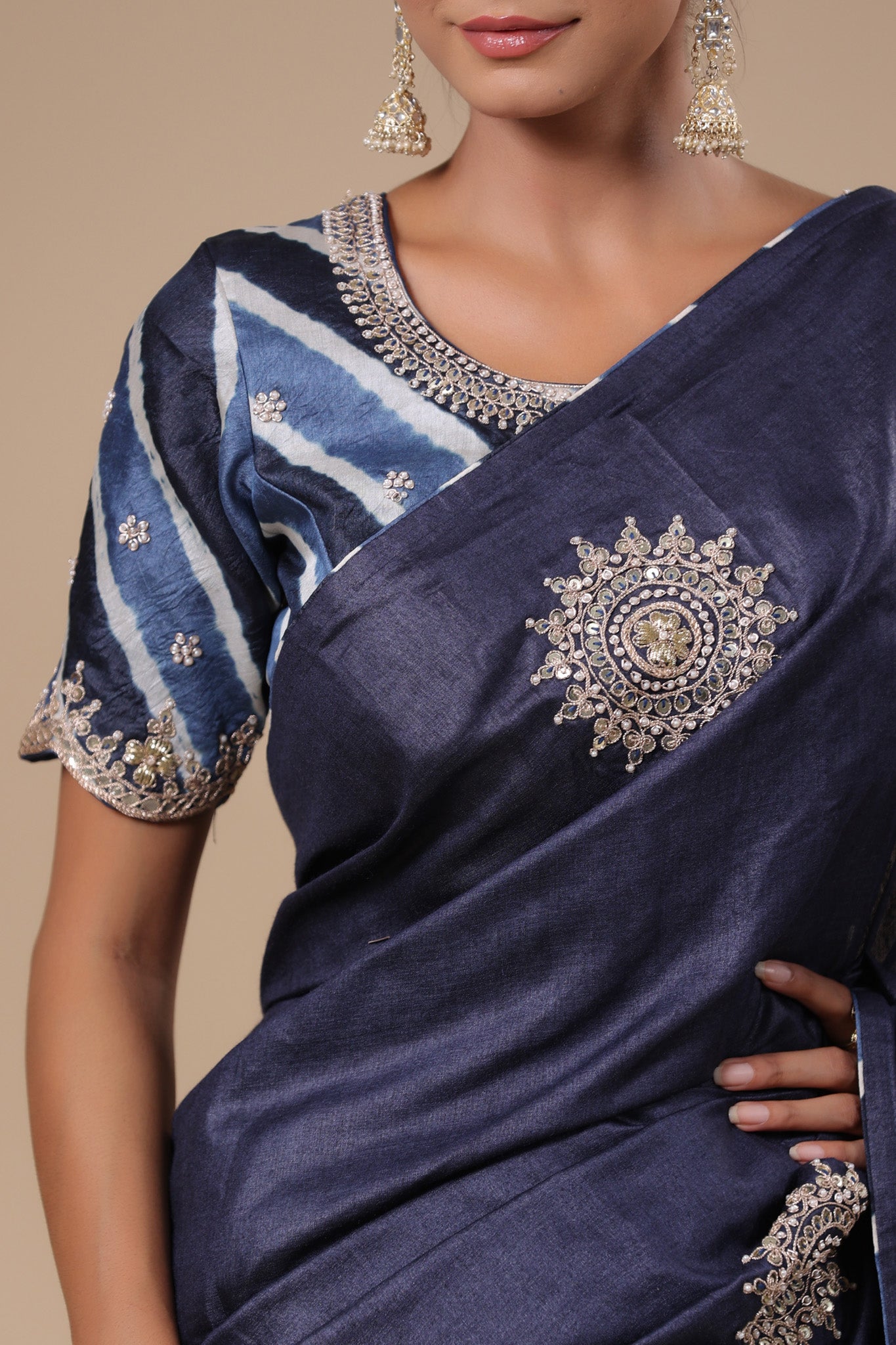 Shop beautiful navy blue embroidered tussar silk saree online in USA. Look classy at weddings and special occasions in exquisite designer sarees, embroidered sarees, party sarees, handwoven saris, pure silk sarees, Banarasi sarees, Kanjivaram sarees from Pure Elegance Indian saree store in USA.-blouse