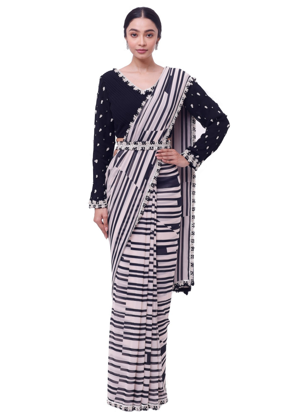 Buy white and black stripes georgette saree online in USA with black blouse. Look like a royalty in exquisite designer sarees, embroidered sarees, handwoven sarees, pure silk saris, Banarasi sarees, Kanjivaram sarees from Pure Elegance Indian saree store in USA.-full view