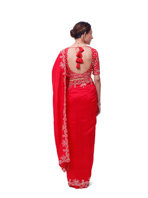 Shop red embroidered silk saree online in USA with embroidered designer blouse. Look like a royalty in exquisite designer sarees, embroidered sarees, handwoven sarees, pure silk saris, Banarasi sarees, Kanjivaram sarees from Pure Elegance Indian saree store in USA.-back