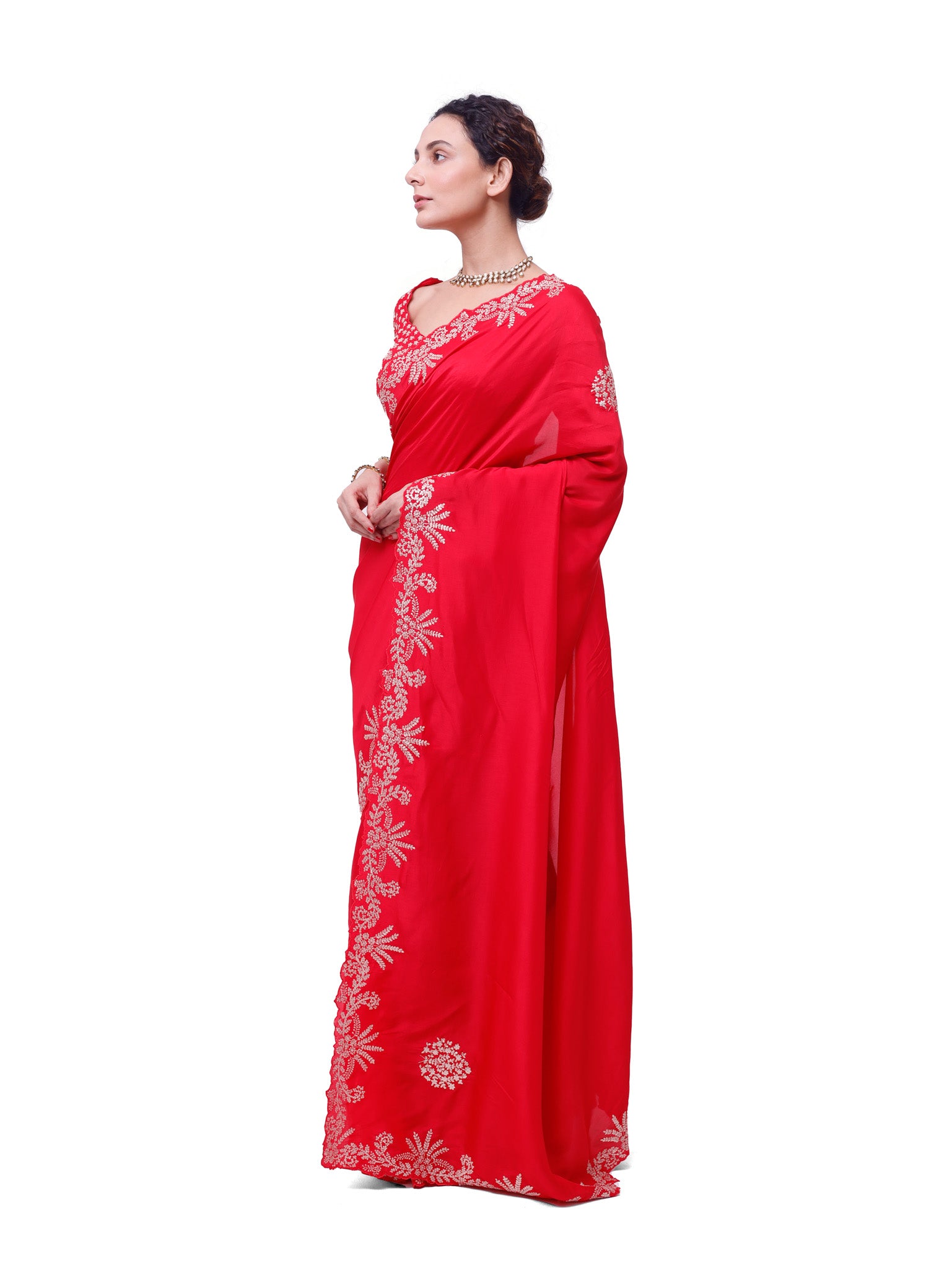 Shop red embroidered silk saree online in USA with embroidered designer blouse. Look like a royalty in exquisite designer sarees, embroidered sarees, handwoven sarees, pure silk saris, Banarasi sarees, Kanjivaram sarees from Pure Elegance Indian saree store in USA.-pallu