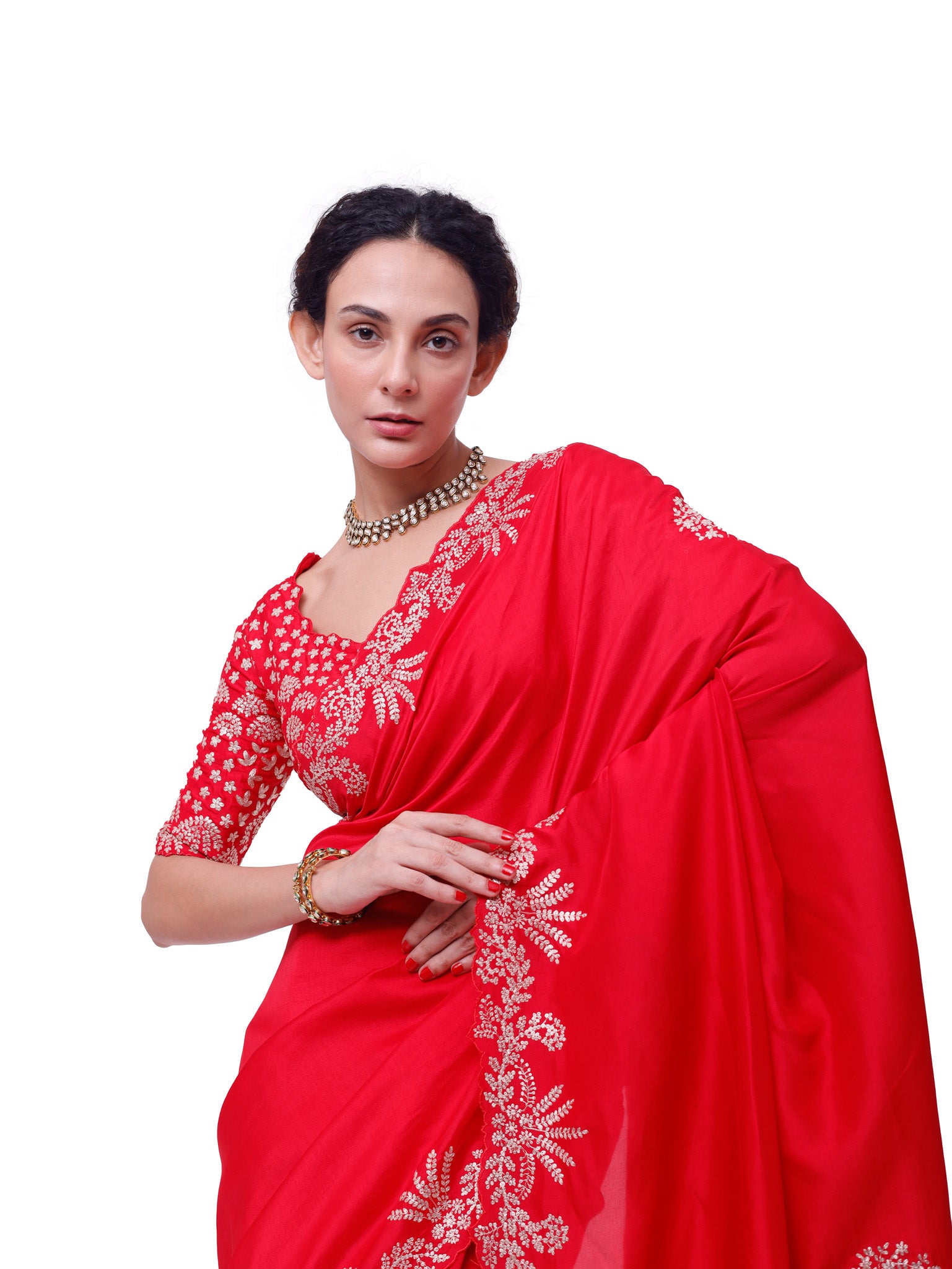 Shop red embroidered silk saree online in USA with embroidered designer blouse. Look like a royalty in exquisite designer sarees, embroidered sarees, handwoven sarees, pure silk saris, Banarasi sarees, Kanjivaram sarees from Pure Elegance Indian saree store in USA.-closeup