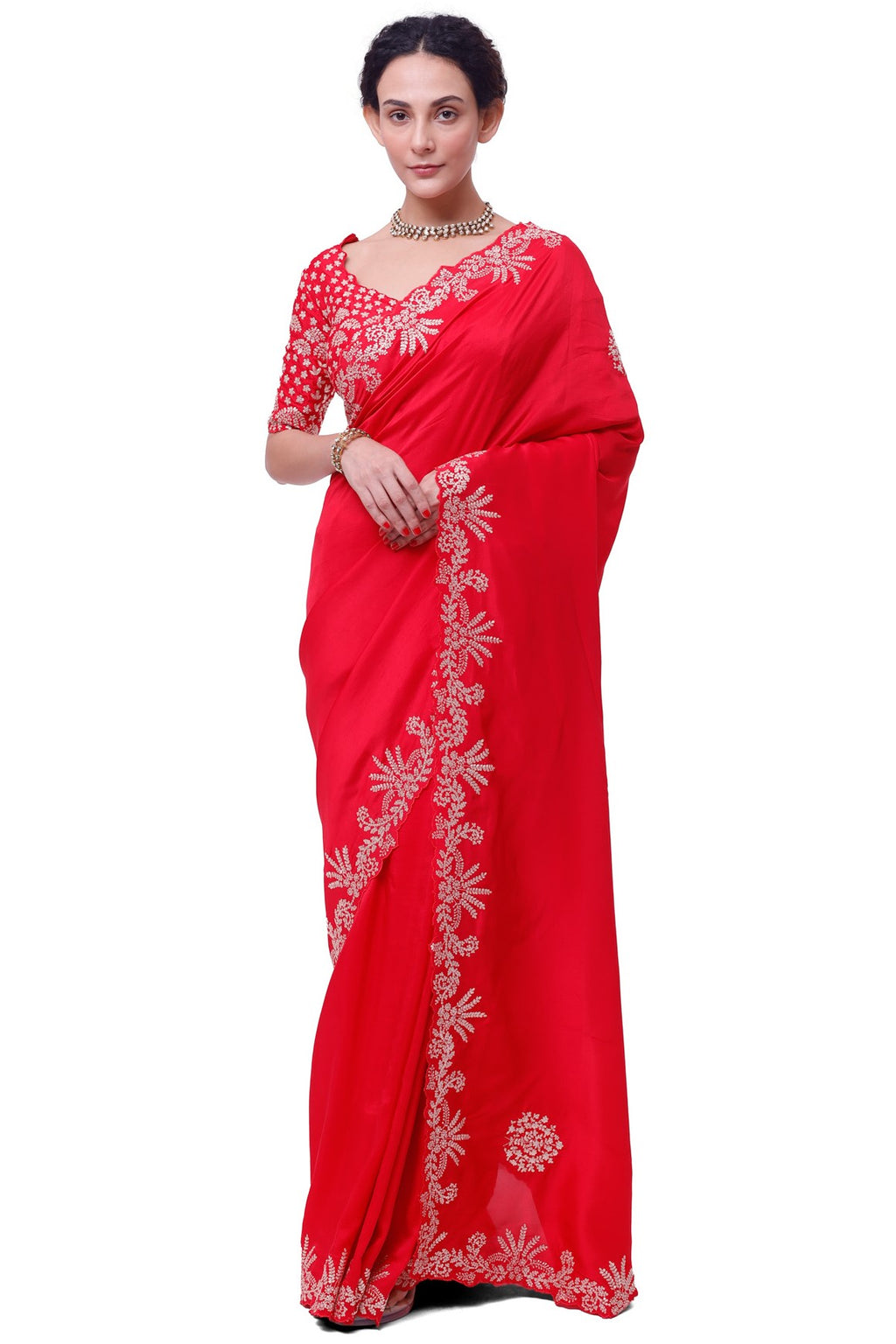 Shop red embroidered silk saree online in USA with embroidered designer blouse. Look like a royalty in exquisite designer sarees, embroidered sarees, handwoven sarees, pure silk saris, Banarasi sarees, Kanjivaram sarees from Pure Elegance Indian saree store in USA.-full view