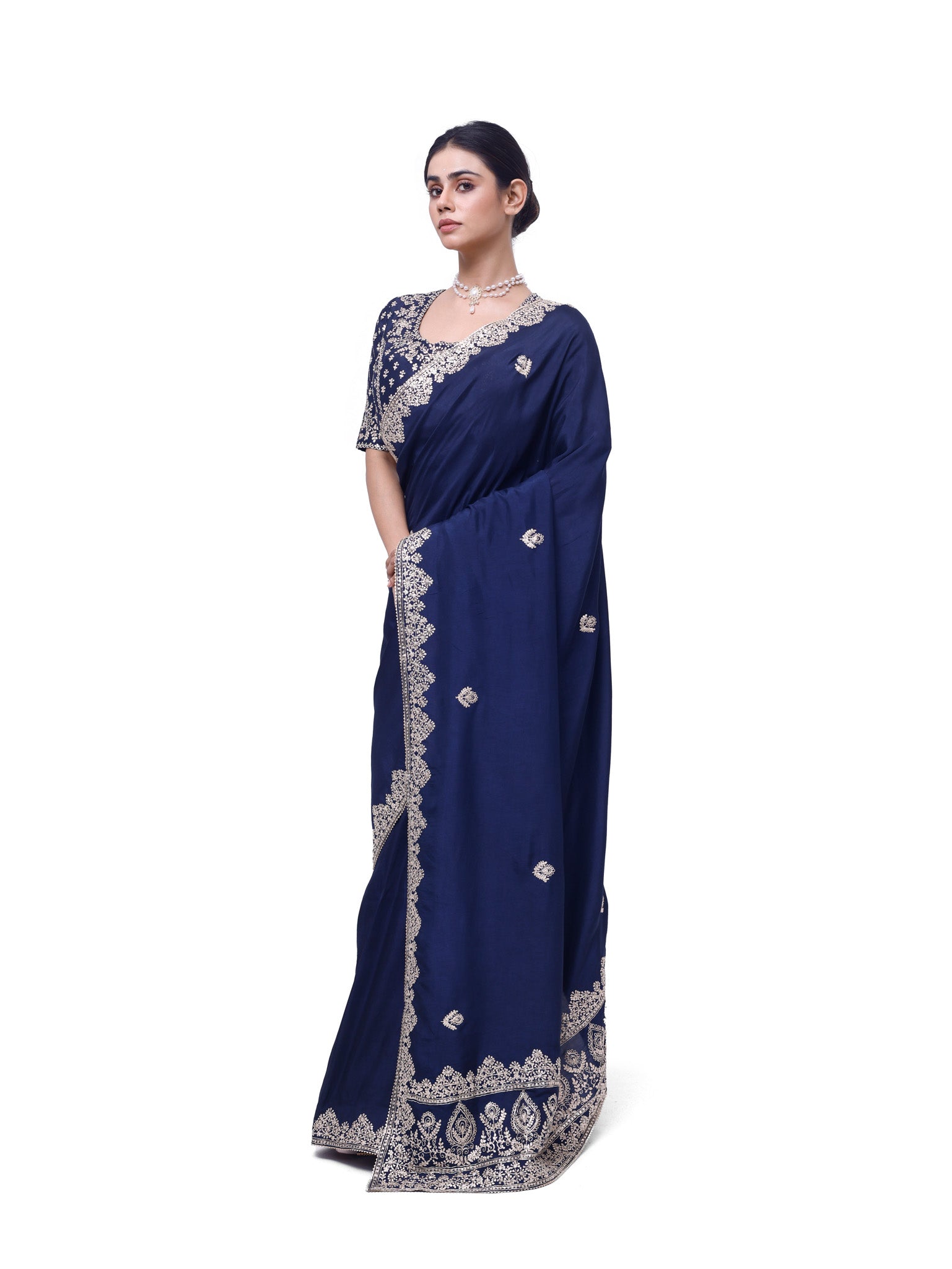 Buy navy blue embroidered zari silk saree online in USA with blouse. Look like a royalty in exquisite designer sarees, embroidered sarees, handwoven sarees, pure silk saris, Banarasi sarees, Kanjivaram sarees from Pure Elegance Indian saree store in USA.-pallu