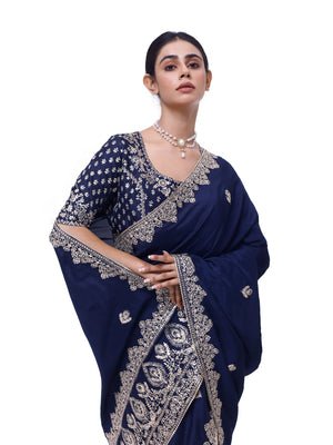 Buy navy blue embroidered zari silk saree online in USA with blouse. Look like a royalty in exquisite designer sarees, embroidered sarees, handwoven sarees, pure silk saris, Banarasi sarees, Kanjivaram sarees from Pure Elegance Indian saree store in USA.-closeup
