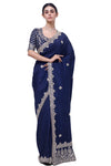 Buy navy blue embroidered zari silk saree online in USA with blouse. Look like a royalty in exquisite designer sarees, embroidered sarees, handwoven sarees, pure silk saris, Banarasi sarees, Kanjivaram sarees from Pure Elegance Indian saree store in USA.-full view