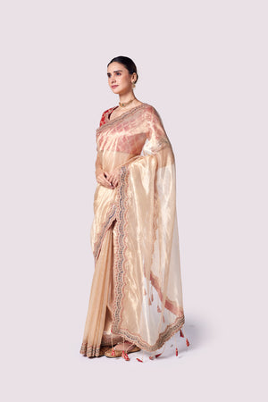 Shop beautiful golden tissue silk saree online in USA with embroidered blouse. Look like a royalty in exquisite designer sarees, embroidered sarees, handwoven sarees, pure silk saris, Banarasi sarees, Kanjivaram sarees from Pure Elegance Indian saree store in USA.-pallu