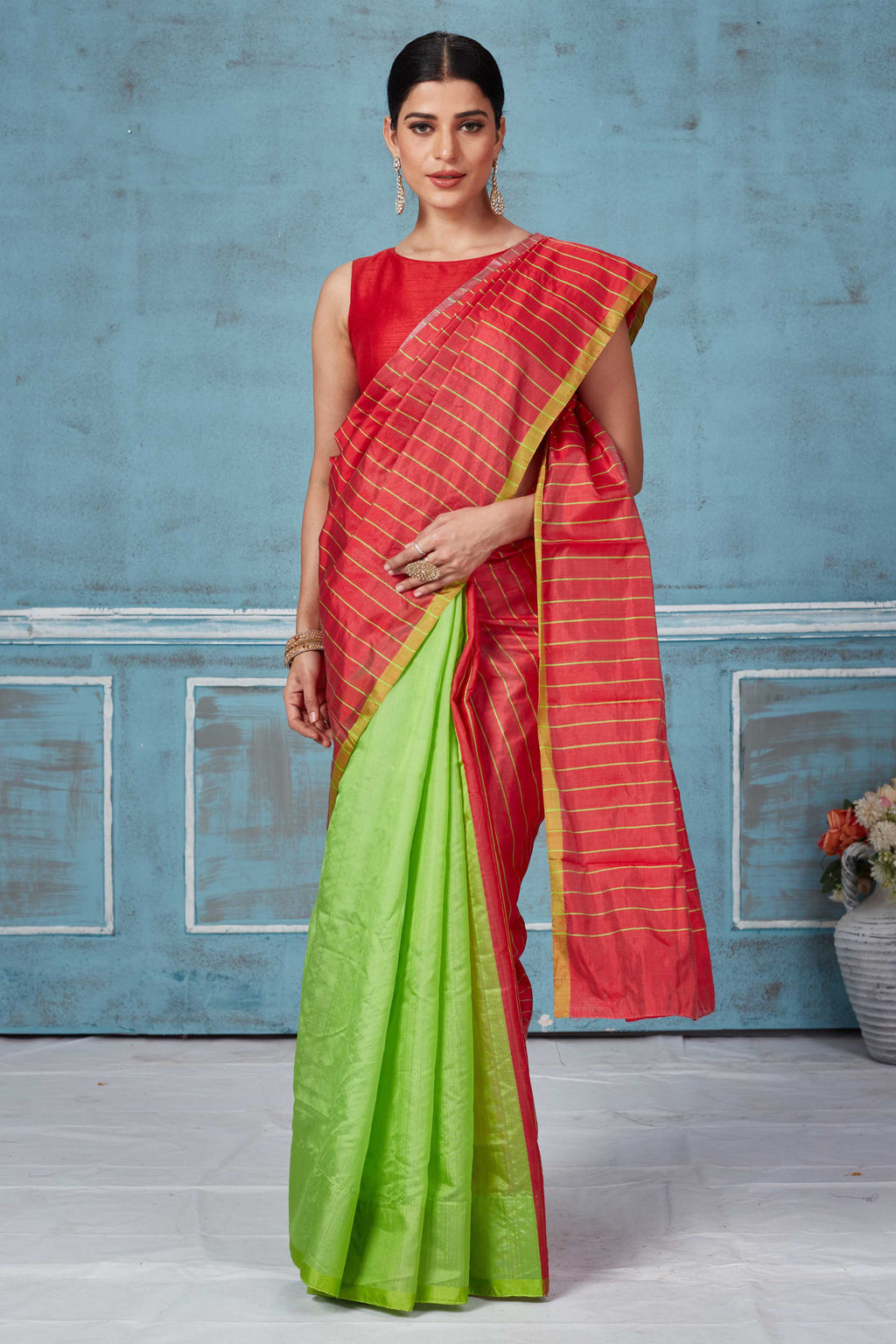 Buy red striped and green half and half Pattu silk saree online in USA. Look your best on festive occasions in latest designer saris, pure silk saris, Kanchipuram silk sarees, handwoven sarees, tussar silk sarees, embroidered sarees from Pure Elegance Indian fashion store in USA.-full view