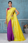 Buy yellow striped and purple half and half Pattu silk saree online in USA. Look your best on festive occasions in latest designer saris, pure silk saris, Kanchipuram silk sarees, handwoven sarees, tussar silk sarees, embroidered sarees from Pure Elegance Indian fashion store in USA.-full view