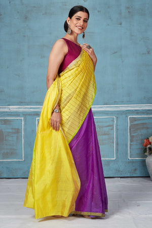 Buy yellow striped and purple half and half Pattu silk saree online in USA. Look your best on festive occasions in latest designer saris, pure silk saris, Kanchipuram silk sarees, handwoven sarees, tussar silk sarees, embroidered sarees from Pure Elegance Indian fashion store in USA.-side