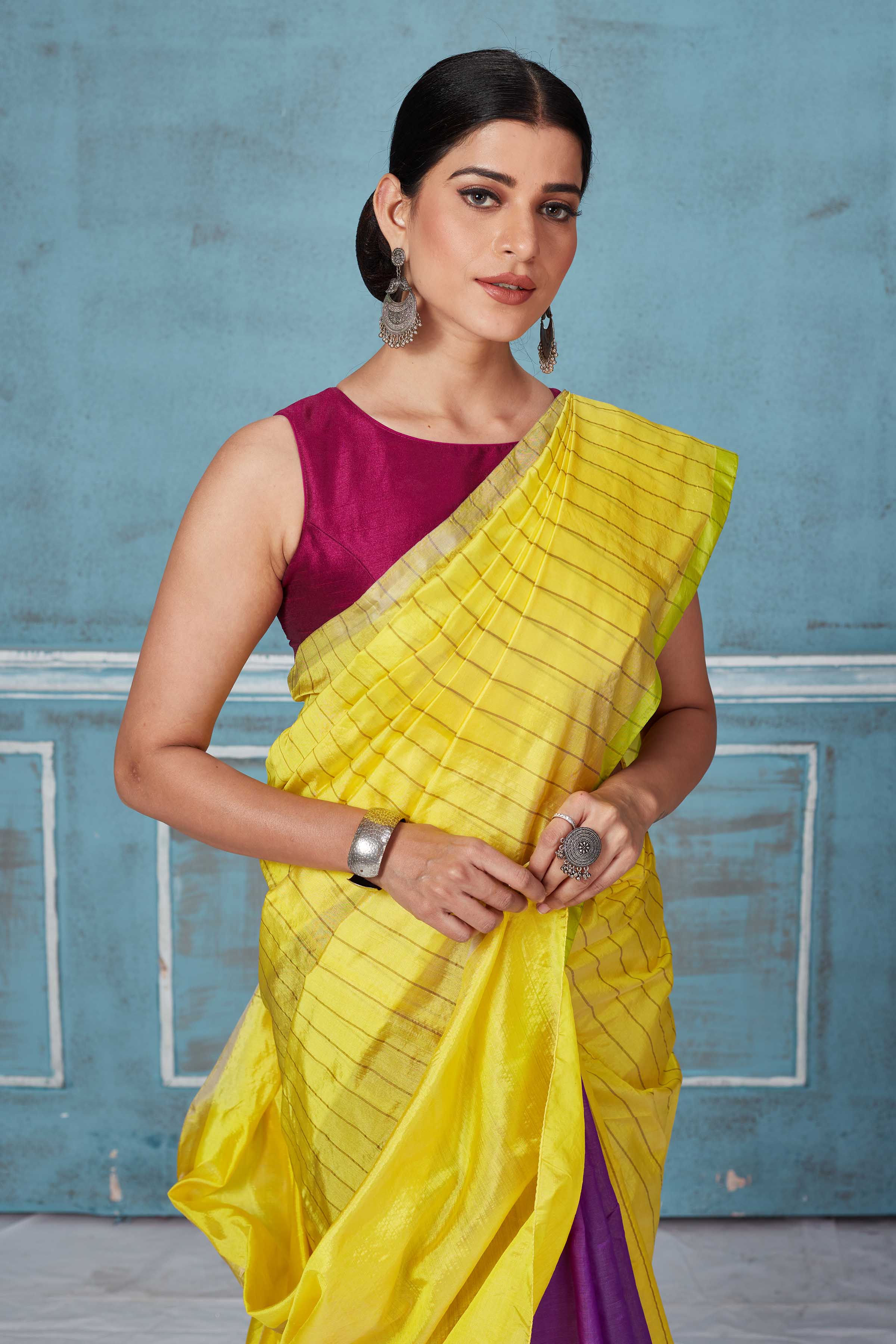 Buy yellow striped and purple half and half Pattu silk saree online in USA. Look your best on festive occasions in latest designer saris, pure silk saris, Kanchipuram silk sarees, handwoven sarees, tussar silk sarees, embroidered sarees from Pure Elegance Indian fashion store in USA.-closeup